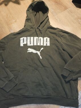 Puma Olive Green Front Logo Graphic Pullover Hoodie Sweatshirt Mens Size Large
